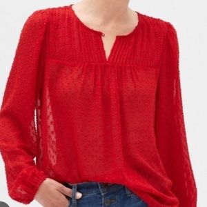 Banana republic Swiss dot red sheer peasant blouse v neck long sleeve holiday s